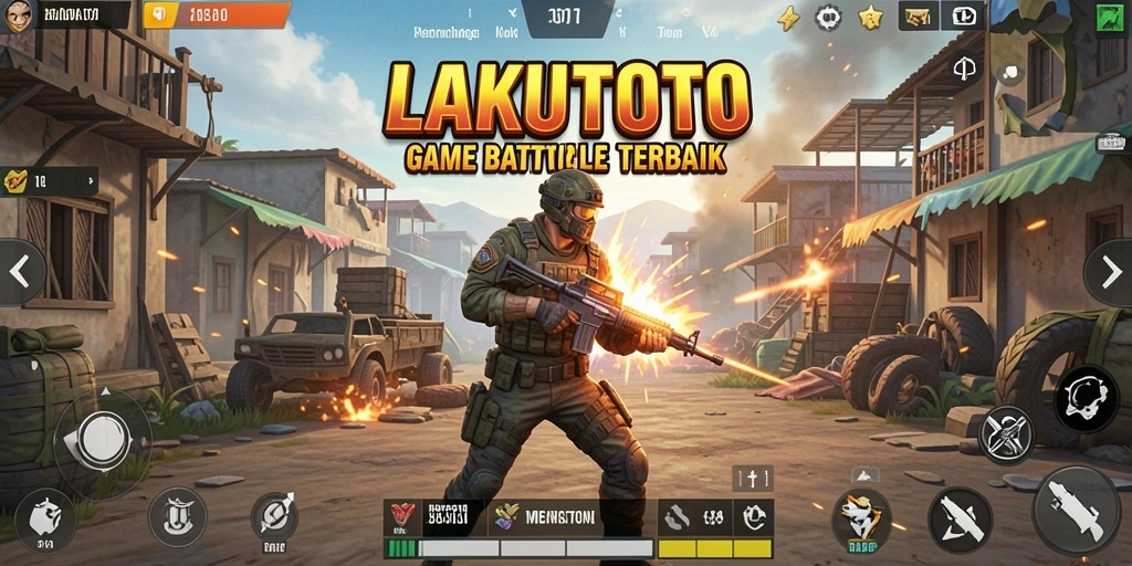 Screenshot gameplay dari <strong>LAKUTOTO</strong> menunjukkan aksi Battle Royale yang seru.